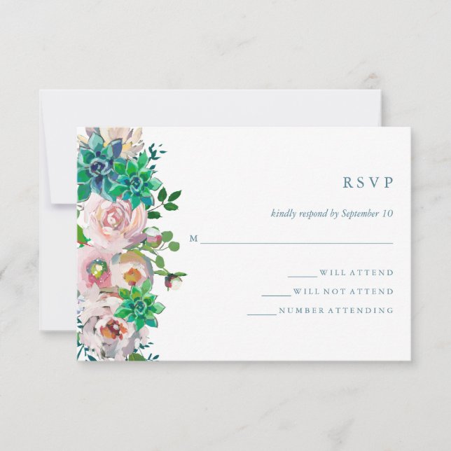 Green Watercolor Succulents and Flowers | RSVP Card (Front)