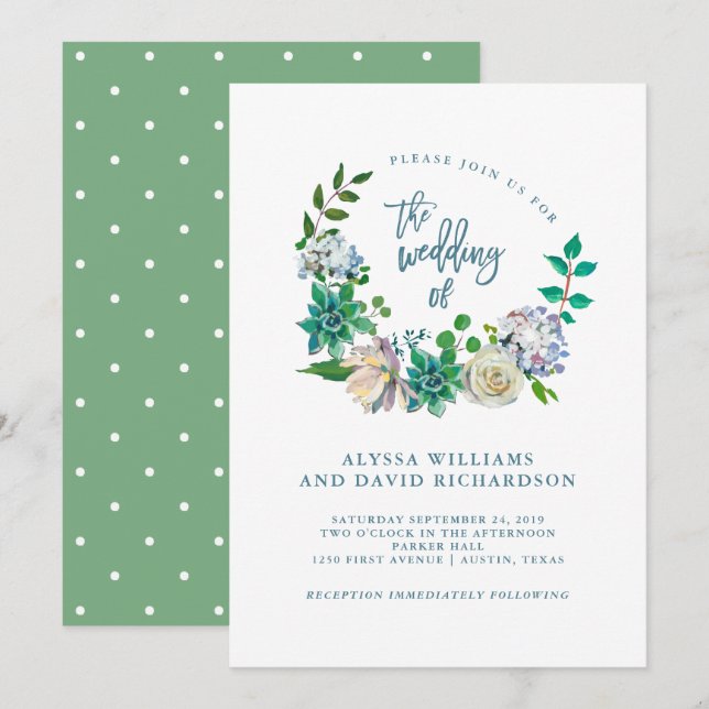 Green Watercolor Succulents and Flowers | Wedding Invitation (Front/Back)