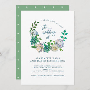 Green Watercolor Succulents and Flowers   Wedding Invitation