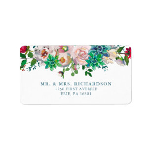 Green Watercolor Succulents and Flowers   Wedding Label