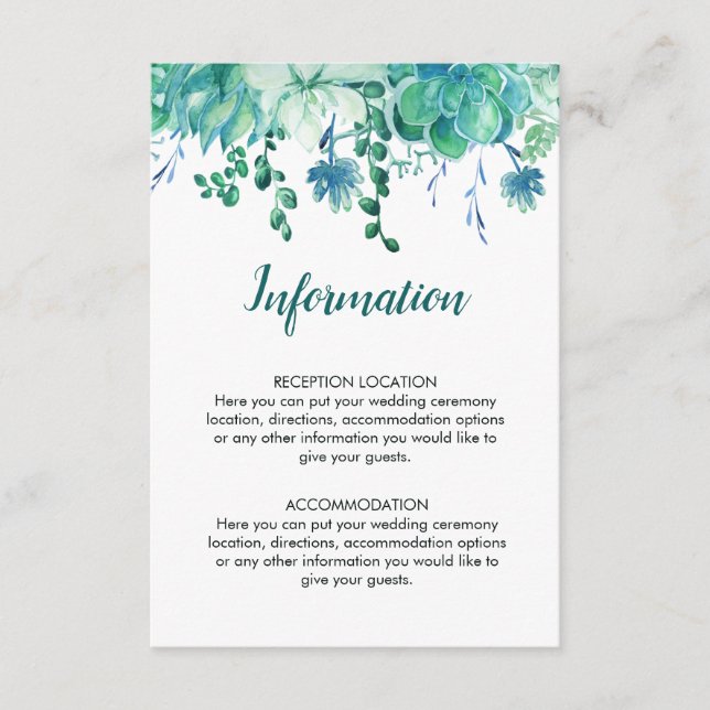 Green Watercolor Succulents Wedding Information Enclosure Card (Front)