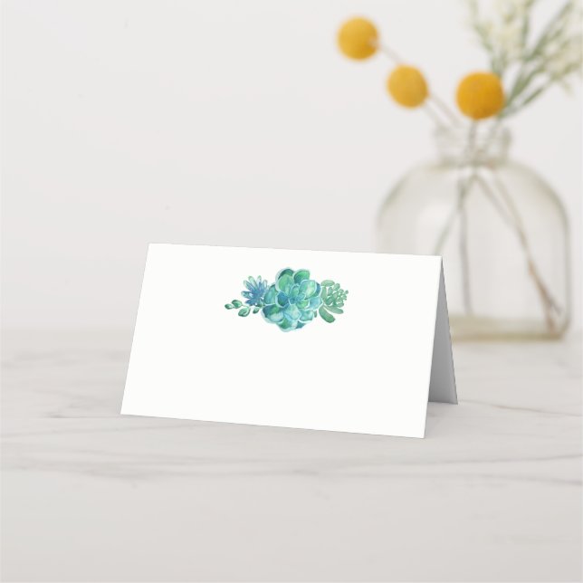 Green Watercolor Succulents Wedding Place Card (Front)