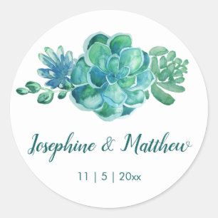 Green Watercolor Succulents Wedding Stickers