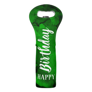 Green Watercolor Swirls Happy Birthday Wine Bag