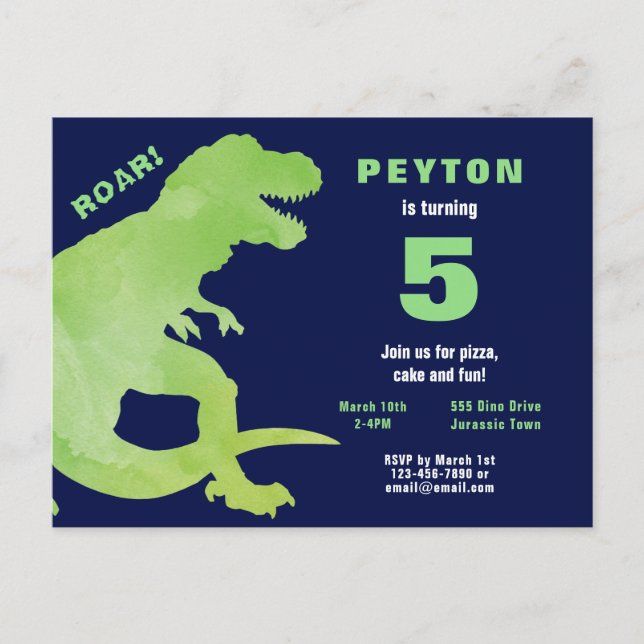Green Watercolor T-Rex Dinosaur Birthday Party Invitation Postcard (Front)