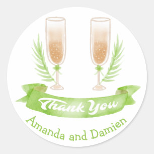 Green Watercolor Thank You Wine Glasses Wedding Classic Round Sticker