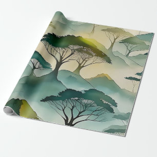 Green Watercolor Themed Trees And Hill Landscape  Wrapping Paper