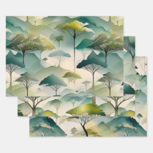 Green Watercolor Themed Trees And Hill Landscape Wrapping Paper Sheet