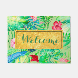 green watercolor tropical jungle welcome doormat