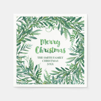 Green Watercolor Tropical Leaves Christmas Napkin