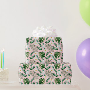  Green Watercolor Tropical Leaves White Flowers  Wrapping Paper