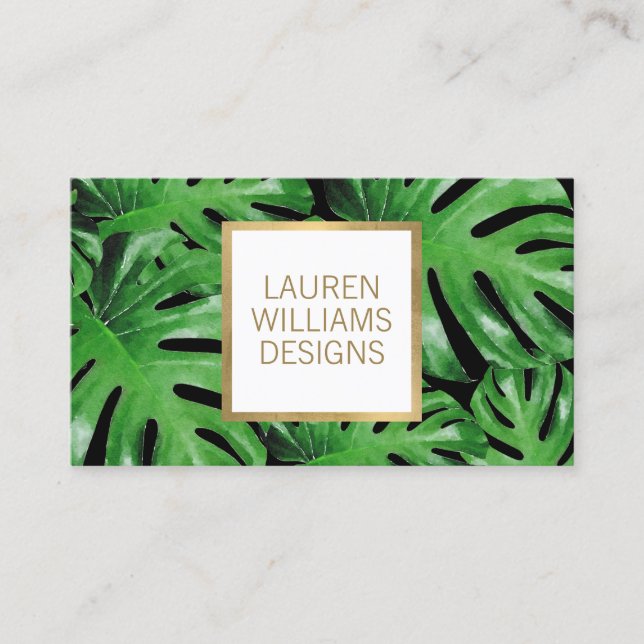 Green Watercolor Tropical Monstera Pattern Black Business Card (Front)