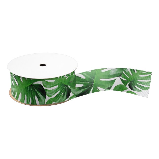Green Watercolor Tropical Monstera Pattern Grosgrain Ribbon (Spool)