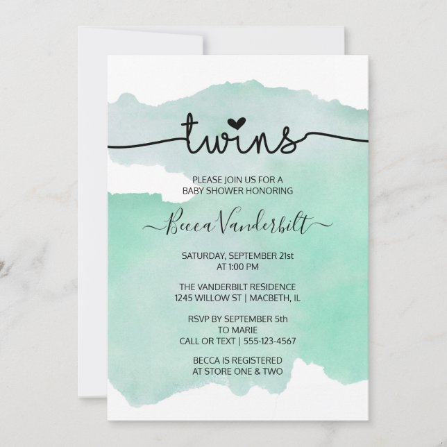 Green Watercolor Twins Baby Shower Invitation (Front)