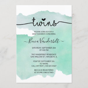 Green Watercolor Twins Baby Shower Invitation