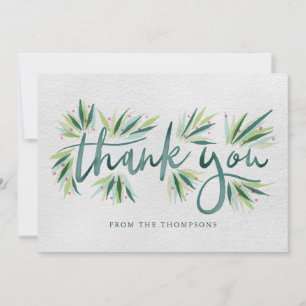 Green Watercolor Typography with Foliage Thank You Card