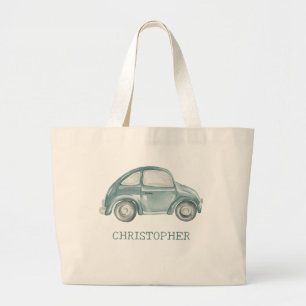 Green Watercolor Vintage Retro Buggy Bug Car Large Tote Bag