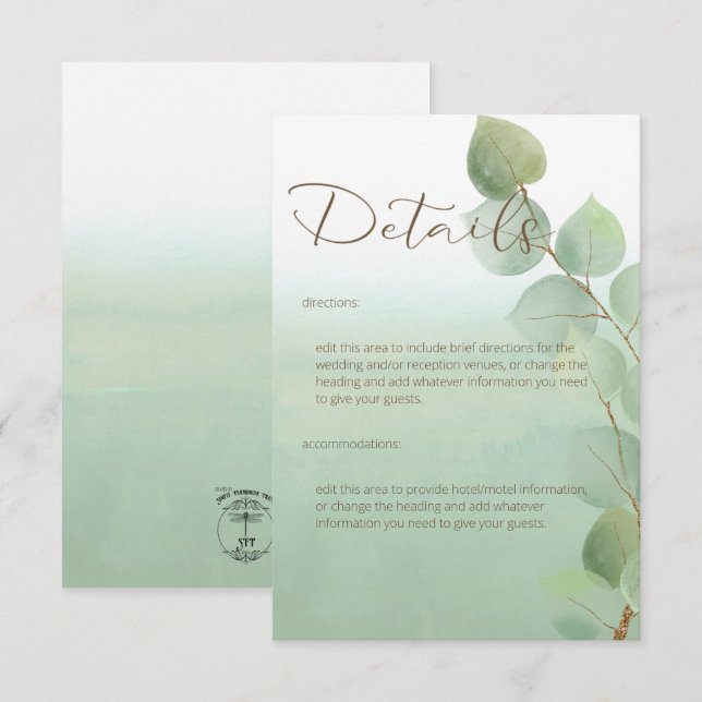 Green Watercolor Wash Eucalyptus Details  Enclosure Card (Front/Back)