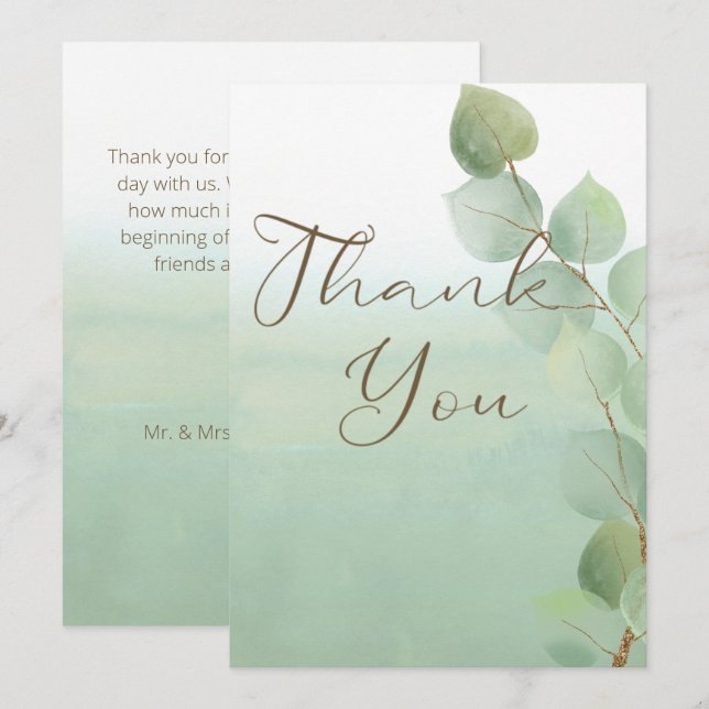 Green Watercolor Wash Eucalyptus Wedding Thank You Card (Front/Back)