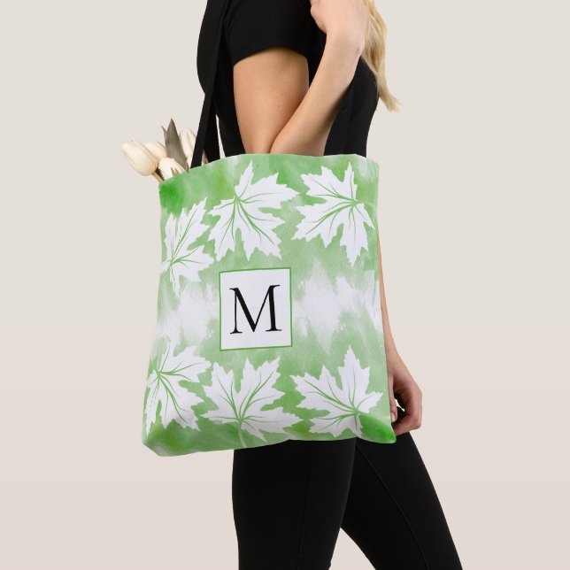 Green watercolor wash maple leaves and monogram tote bag (Close Up)