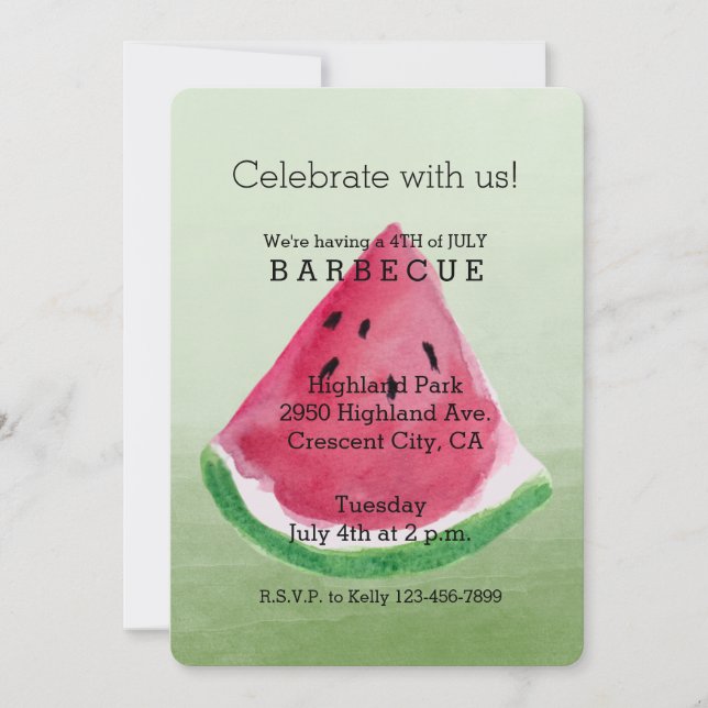 Green Watercolor Watermelon Barbecue Invitation (Front)
