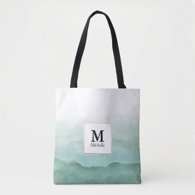 Green Watercolor Waves Monogram Tote Bag (Front)