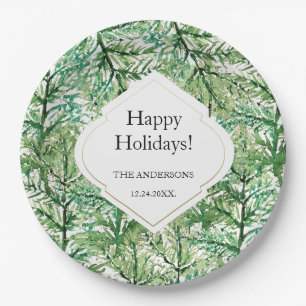 Green Watercolor Western Pine Branches Paper Plate