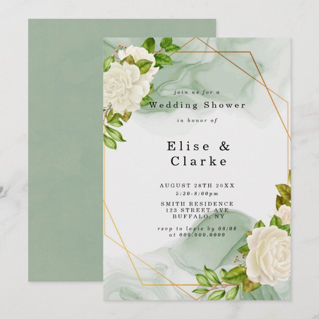 Green Watercolor White Rose Wedding Shower Invite (Front/Back)