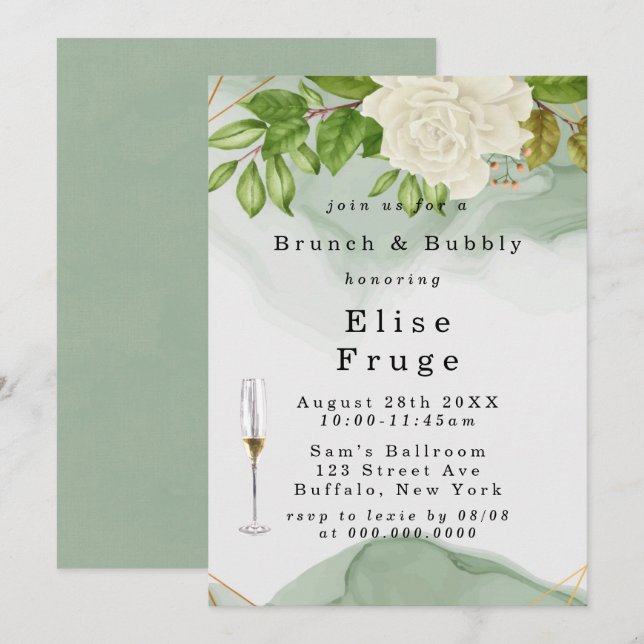 Green Watercolor White Roses Brunch & Bubbly Invitation (Front/Back)