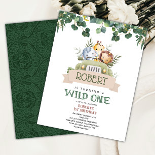 Green Watercolor Wild One Jungle Safari Birthday  Invitation