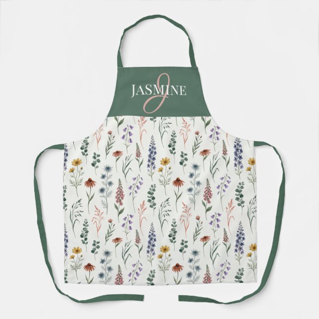 Green Watercolor Wildflower Boho Monogram Name Apron (Front)