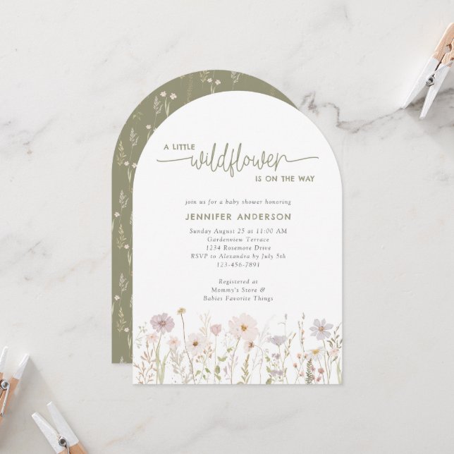 Green Watercolor Wildflower Floral Baby Shower Invitation (Front/Back In Situ)