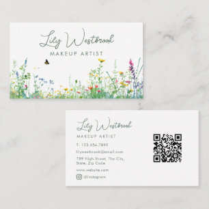 Green Watercolor Wildflower Floral Script QR Code Business Card