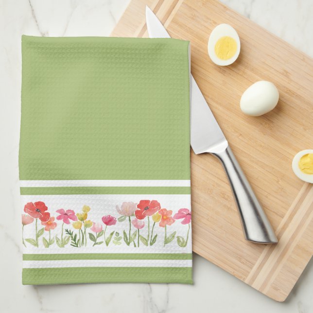 Green Watercolor Wildflower Kitchen Towels (Quarter Fold)