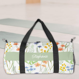 Green Watercolor Wildflower Monogram Name Duffle Bag