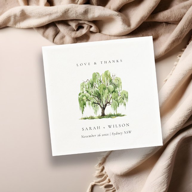 Green Watercolor Willow Tree Farm Wedding Thanks Napkin (Creator Uploaded)