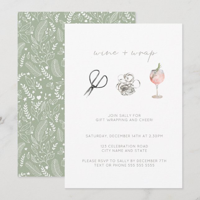 Green Watercolor Wine Wrap Christmas Holiday Party Invitation (Front/Back)