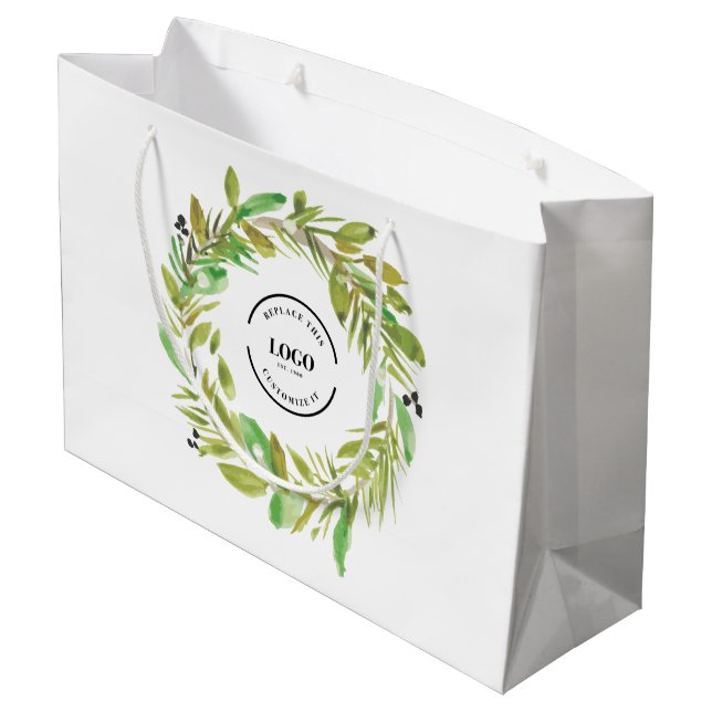 Green Watercolor Wreath Business logo Christmas Large Gift Bag (Back Angled)