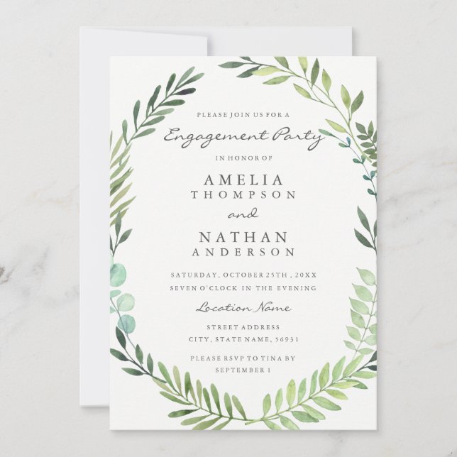 Green Watercolor Wreath Engagement Party Invite (Front)