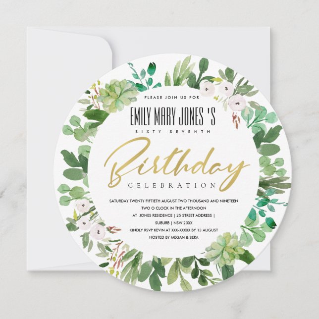 GREEN WATERCOLOR WREATH FOLIAGE ANY AGE BIRTHDAY INVITATION (Front)