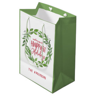 Green watercolor wreath happiest holidays medium g gift bag