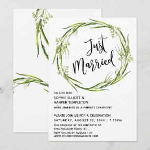 Green Watercolor Wreath Just Married Typography Invitation