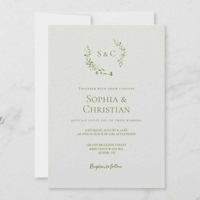 Green Watercolor Wreath Monogram Wedding Invitation (Front)