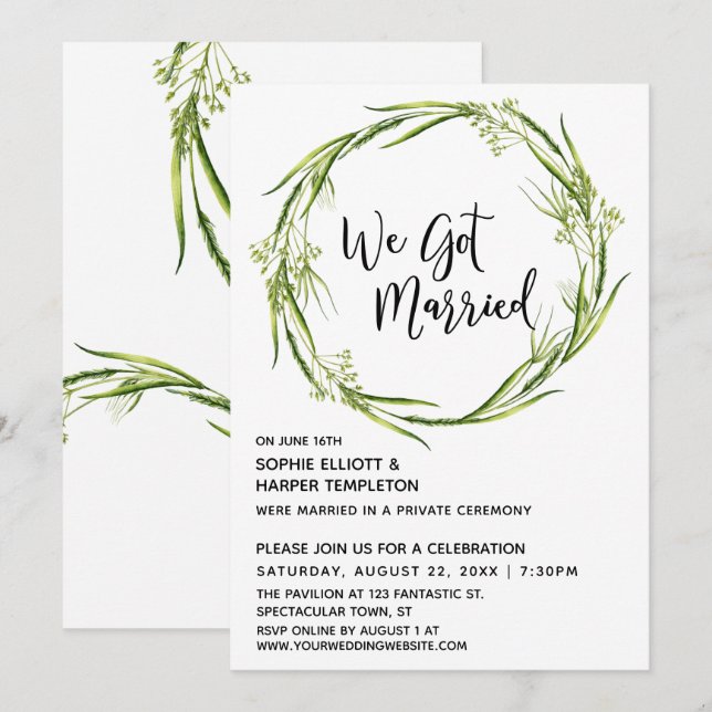 Green Watercolor Wreath We Got Married Typography Invitation (Front/Back)