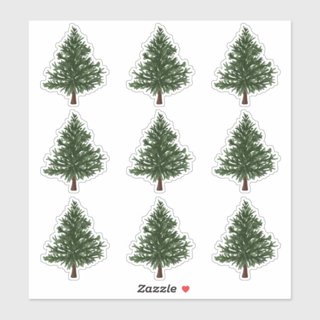 Green Watercolour Christmas Pine Tree Stickers (Sheet)
