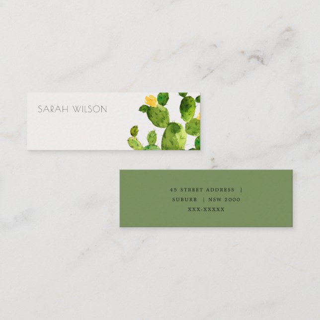 GREEN WATERCOLOUR DESERT CACTUS FLOWER  ADDRESS MINI BUSINESS CARD (Front/Back)