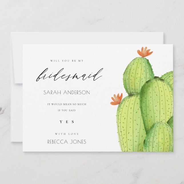 GREEN WATERCOLOUR DESERT CACTUS FLOWER BRIDESMAID INVITATION (Front)