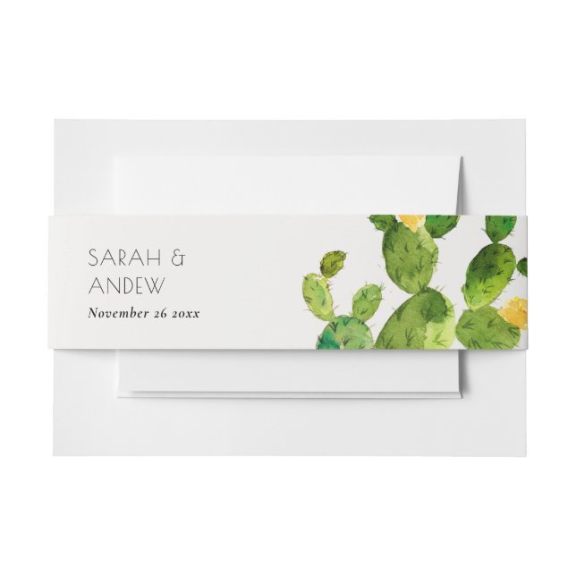 GREEN WATERCOLOUR DESERT CACTUS FLOWER MONOGRAM INVITATION BELLY BAND (Front Example)