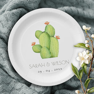 GREEN WATERCOLOUR DESERT CACTUS FLOWER  MONOGRAM PAPER PLATE