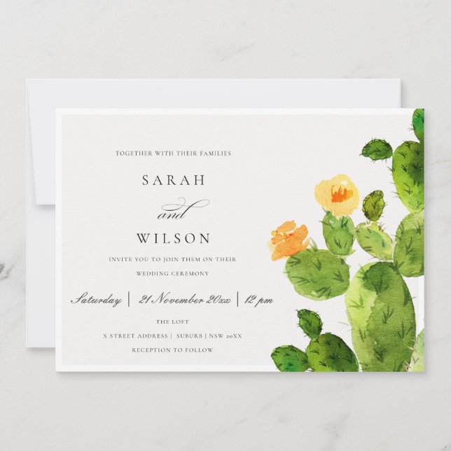 GREEN WATERCOLOUR DESERT CACTUS FLOWER  WEDDING INVITATION (Front)